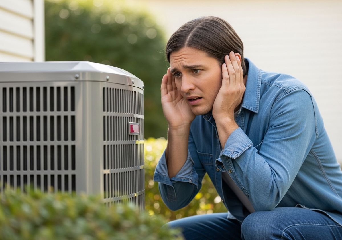 Worried man listening to AC unit