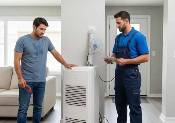 Homeowner and Technician Inspecting Portable Air Conditioner