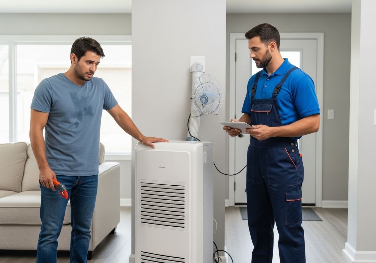 Homeowner and Technician Inspecting Portable Air Conditioner