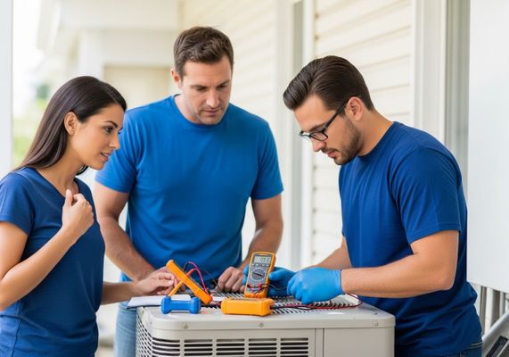 HVAC Technician Inspecting Unit with Homeowners