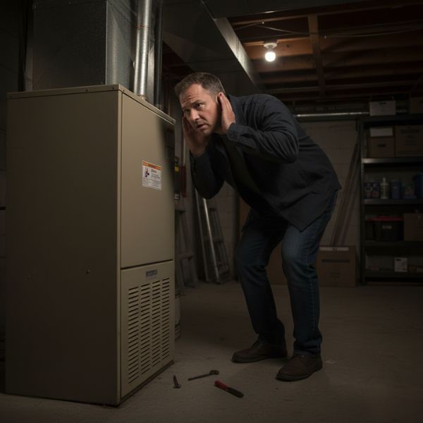 man standing next to furnace covering ears