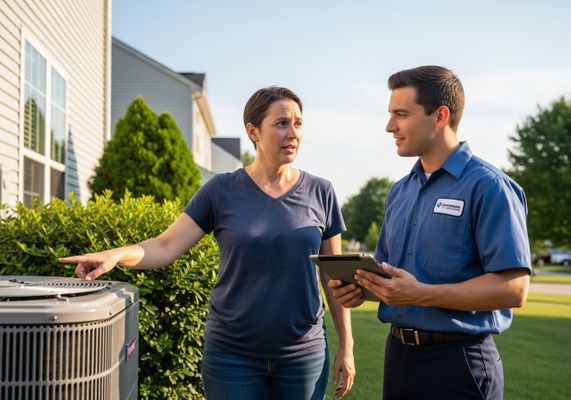 HVAC Technician Inspecting Unit with Homeowner