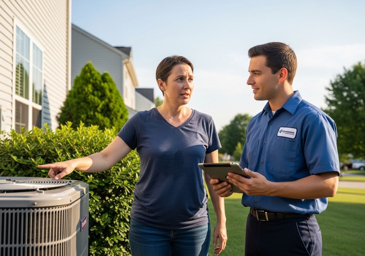 HVAC Technician Inspecting Unit with Homeowner