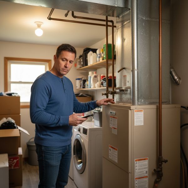homeowner standing in basement next to furnace