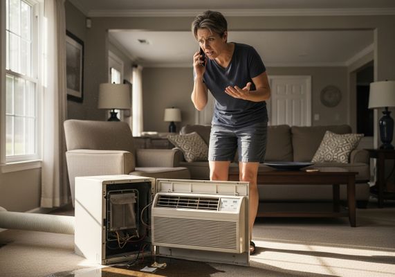 Woman on Phone in Flooded Living Room