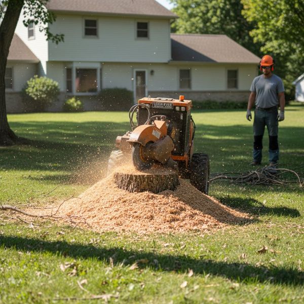 A powerful commercial stump grinder actively churning up a large tree stump in a well-maintained yard, leaving behind a pile of wood chips and preparing the area for new grass or planting.
