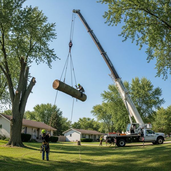 A professional tree service crew utilizing a large crane and specialized rigging to safely lift a major section of a cut tree away from a residential property during a complex tree removal in Marengo, IL.