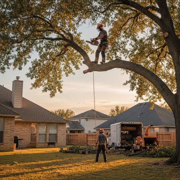 A professional arborist, wearing safety gear, is meticulously cutting branches from a tall tree in a residential backyard.