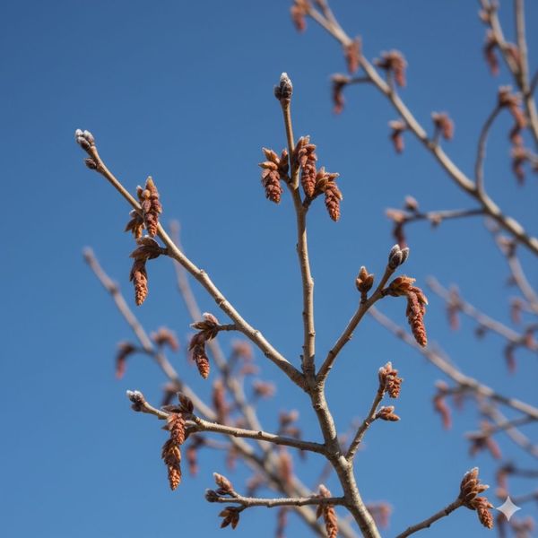 Tree branches with winter buds against a blue sky, signifying the best time to prune.