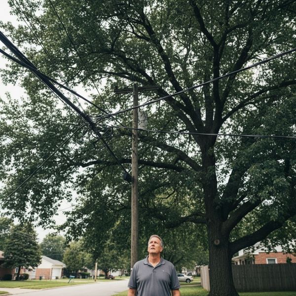 A man stands on a residential street, looking up at large tree branches that are encroaching on numerous overhead power lines.