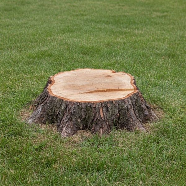 Cleanly cut tree stump in a well-maintained yard, no surrounding debris