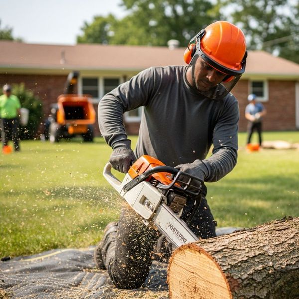 crew member cutting up remaining branch