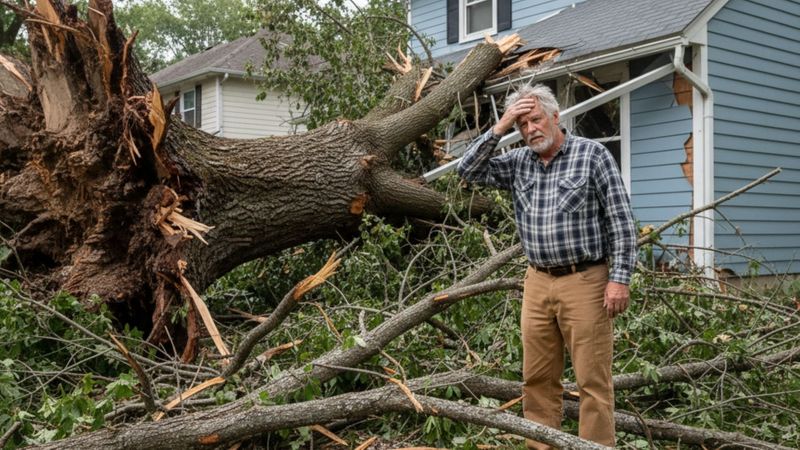 An older man looks distraught as a large, uprooted tree lies across his yard, having damaged the side of his house.