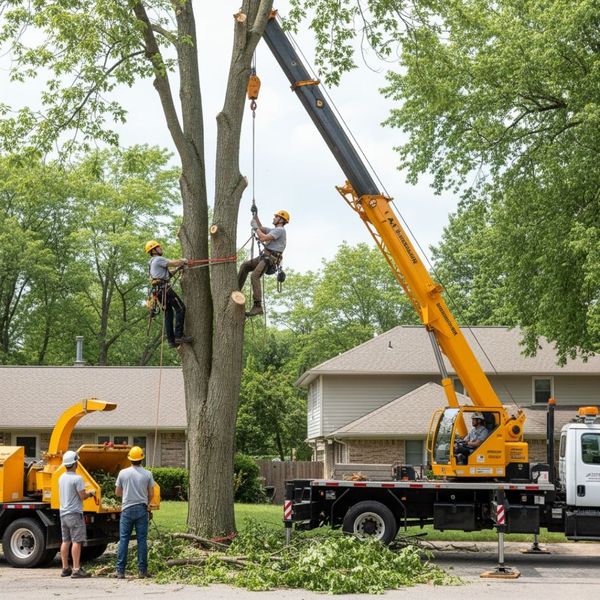 An experienced tree removal crew uses a crane and rigging to safely dismantle a large tree in a residential area.