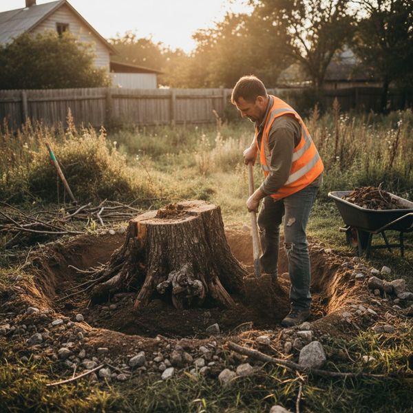 worker digging a hole around a large stump to remove the full stump and roots