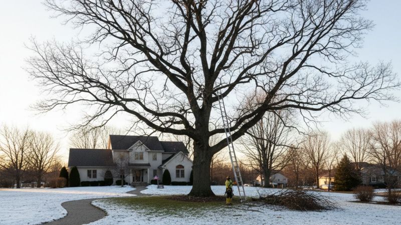 A large dormant oak tree in a clean residential yard during the Illinois winter. A large dormant oak tree in a clean residential yard during the Illinois winter.
