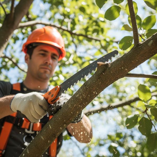 A close-up, low-angle shot of a male arborist, wearing an orange hard hat and safety harness, using a hand saw to prune a tree branch. Wood chips are visibly falling around the branch, and green leaves are blurred in the background, suggesting a sunny day.