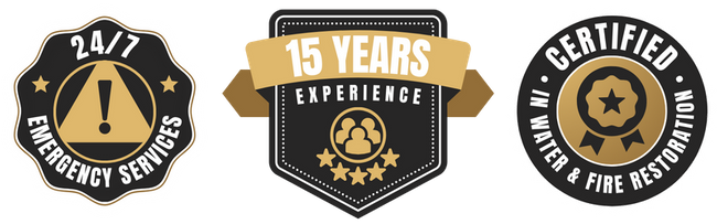 badges: 24/7 Emergency Services, 15 Years Experience, Certified in Water & Fire REstoration