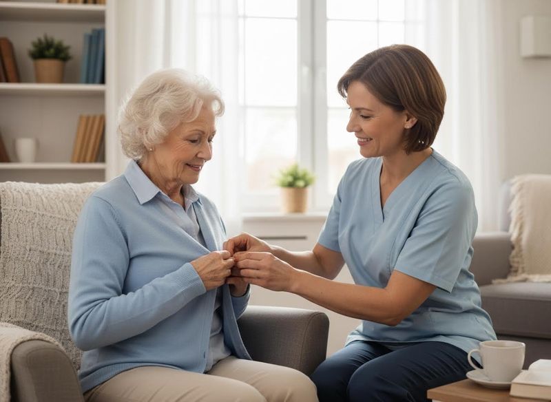 Caregiver helping senior woman dress at home