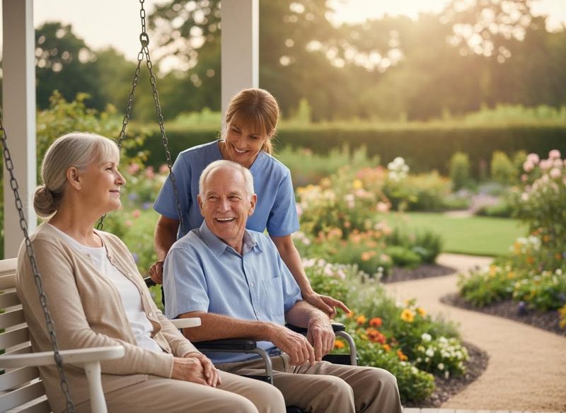 Caregiver with happy senior couple in a garden
