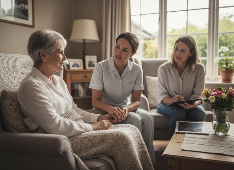 An elderly woman smiles, holding hands with a caregiver in a living room, while another woman takes notes, symbolizing senior home care support. Elderly woman discussing home care with caregiver and family
