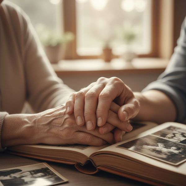 an older hand gently holding a younger hand
