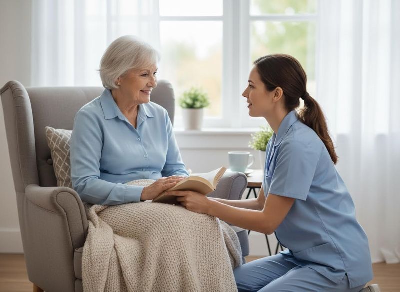 Caregiver reading with senior woman