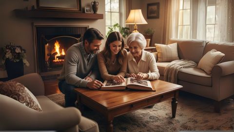a family gathered, looking through a photo album