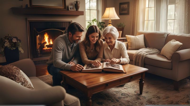 a family gathered, looking through a photo album