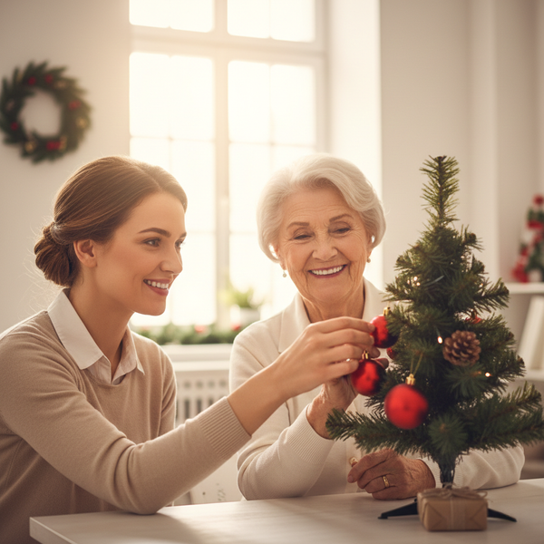 A smiling caregiver and an elderly woman are joyfully decorating a miniature Christmas tree with red ornaments.