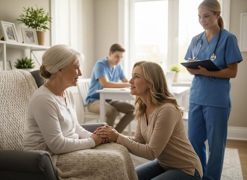 Elderly woman with family and home care providers