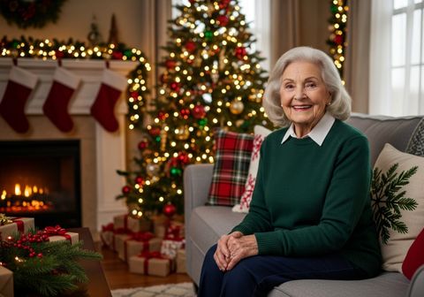 An elderly woman smiling while sitting on a sofa, cozy holiday decorations