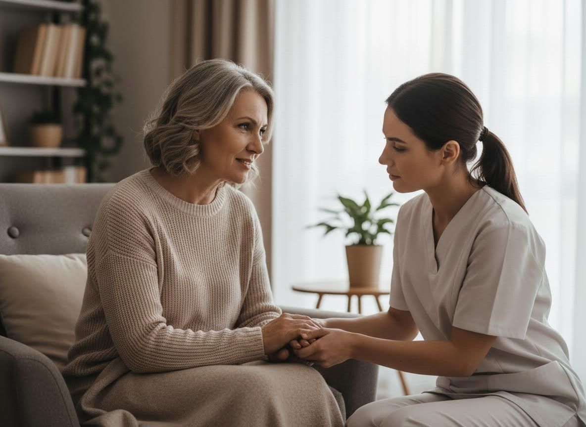Caregiver supporting a senior woman