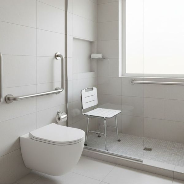 Modern bathroom with safety rails and shower seat.
