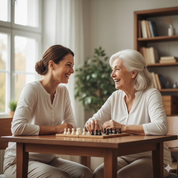 A caregiver and an elderly woman are smiling and enjoying a game of chess together at a wooden table.