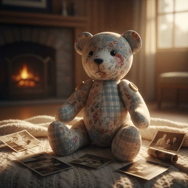 a beautifully crafted memory bear made from a patterned fabric, sitting on a soft blanket next to old photographs