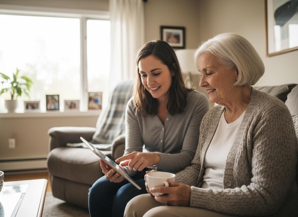Young woman helping senior woman use a digital tablet