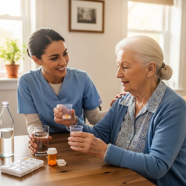 A caregiver gently assisting a senior woman with her medication