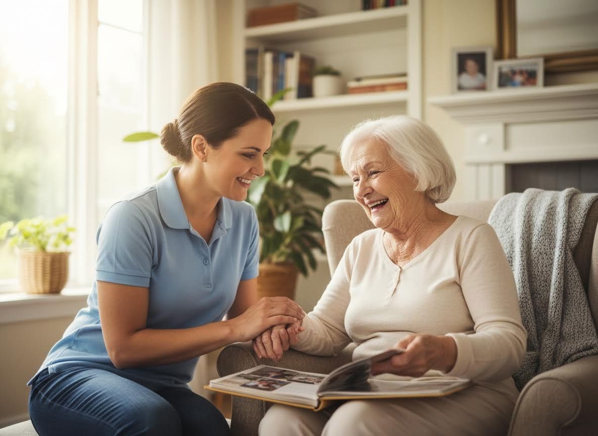 Senior Woman and Caregiver Share Photo Album