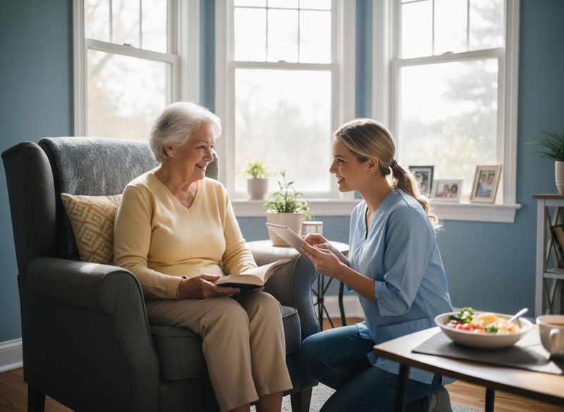 Senior Woman and Caregiver in a Bright Living Room