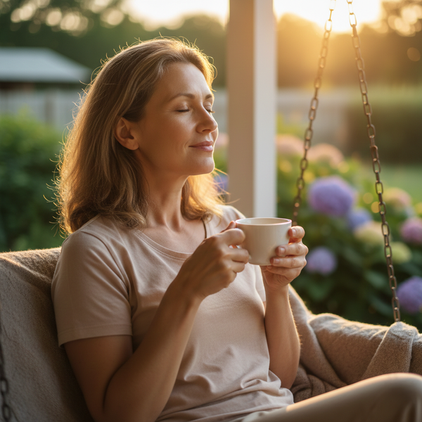 A woman with her eyes closed and a peaceful expression enjoys a cup of coffee outdoors at sunset.