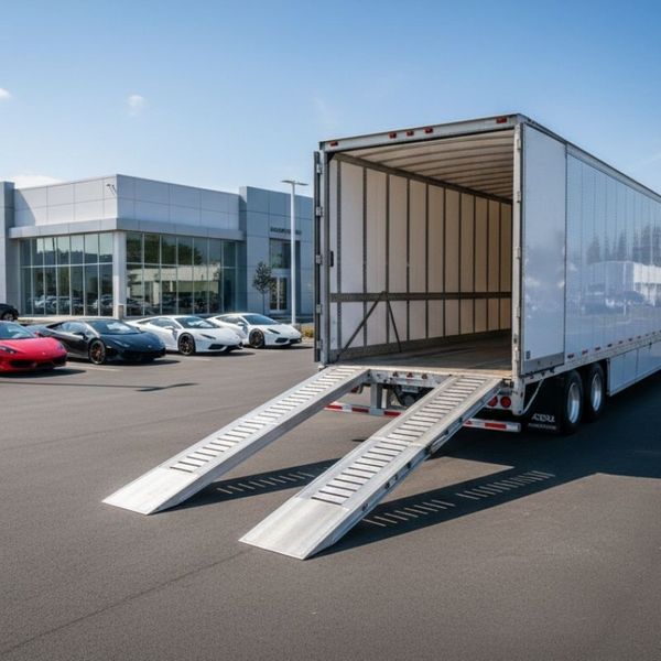 A truck with a loading platform parked outside of a dealership