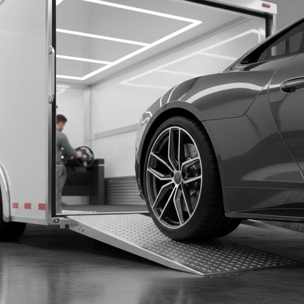 A car being loaded into a transportation truck