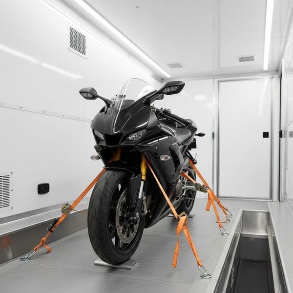 A motorcycle secured in a transport vehicle