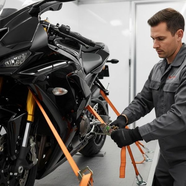 A man securing a motorcycle for transportation