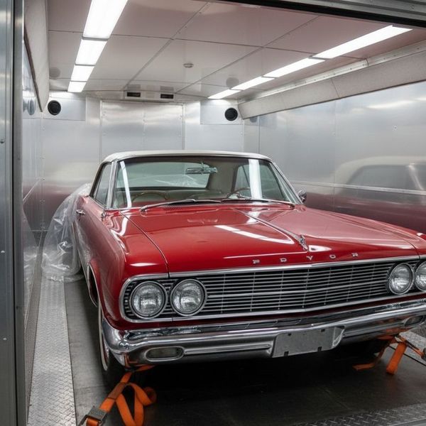 A vintage car in a transport truck