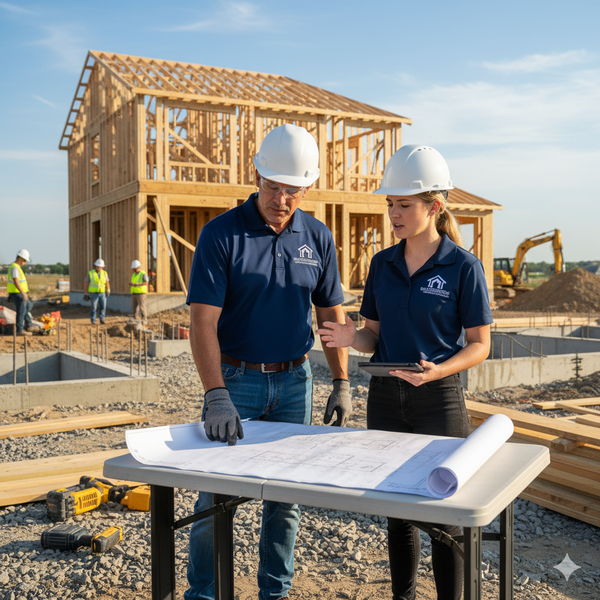 two construction managers wearing matching company polo shirts on a job site discussing a home construction project