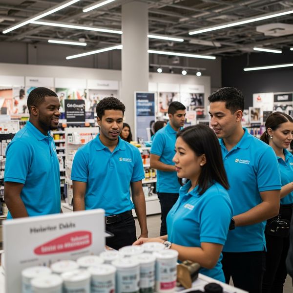 Team of sales staff wearing matching polo shirts in a retail setting