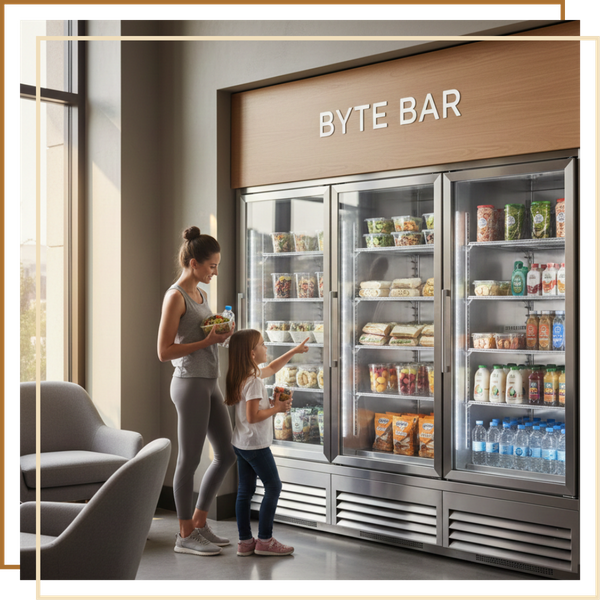 Mom and Daughter getting food at healthy food kiosk