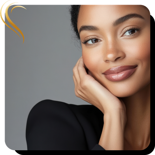 A close-up portrait of a woman with radiant, clear skin and a healthy glow, representing the beauty and aesthetic benefits of Well House medspa services.